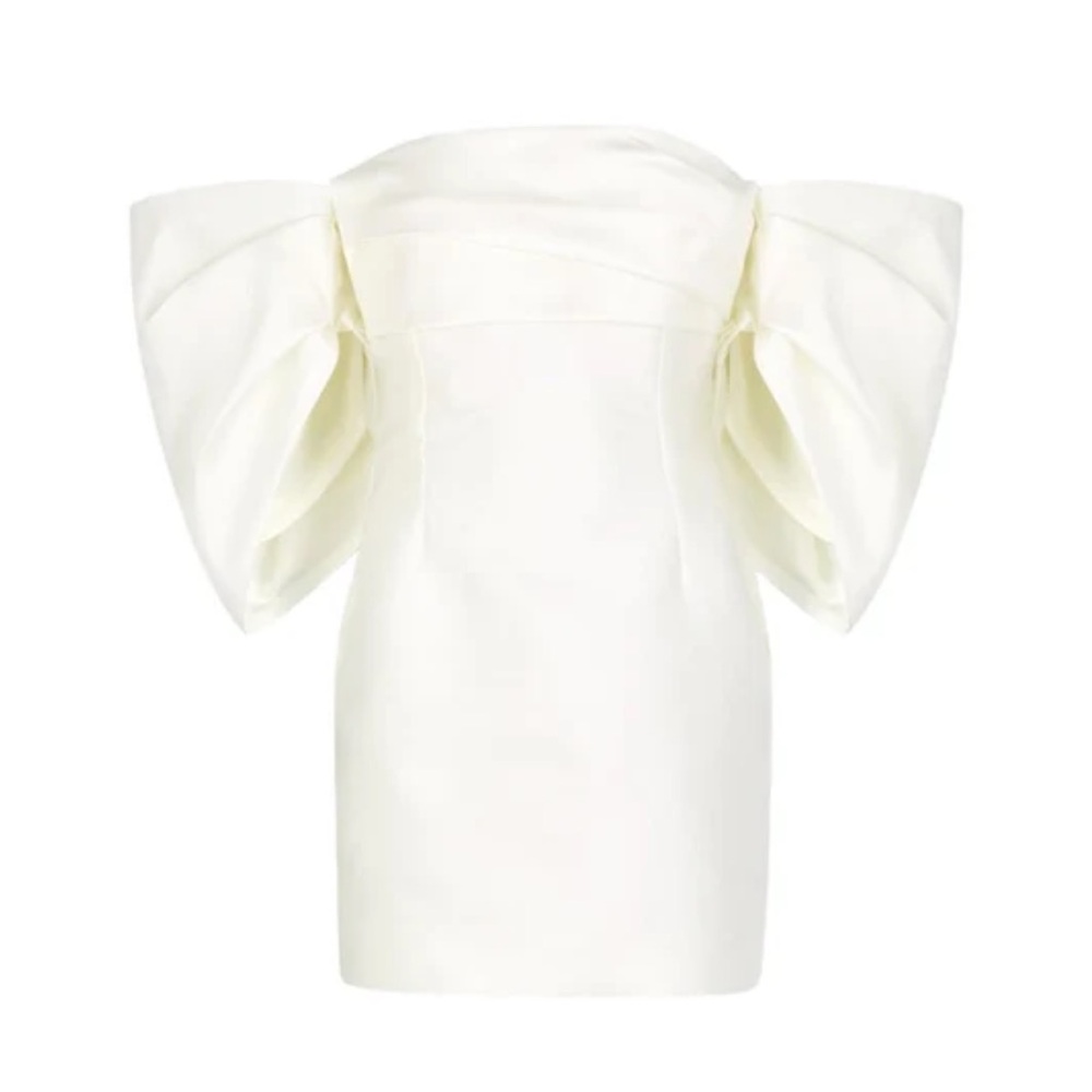 Petal + Pup Nisha Strapless Mini Ivory Satin Cocktail Dress with Puff Sleeves